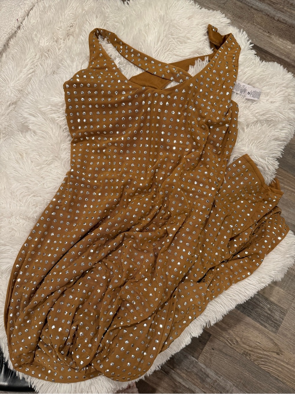 ASOS Design scooped halter neck midi dress in laser cut hot fix in tan - Picture 7 of 7